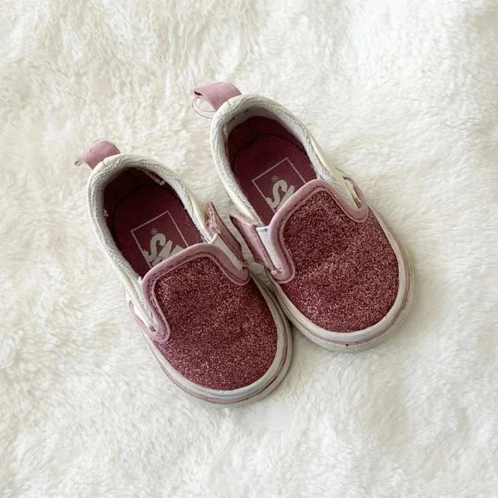 Vans pink/yellow glittery sparkle Slip-On V Sneakers baby girl size 2